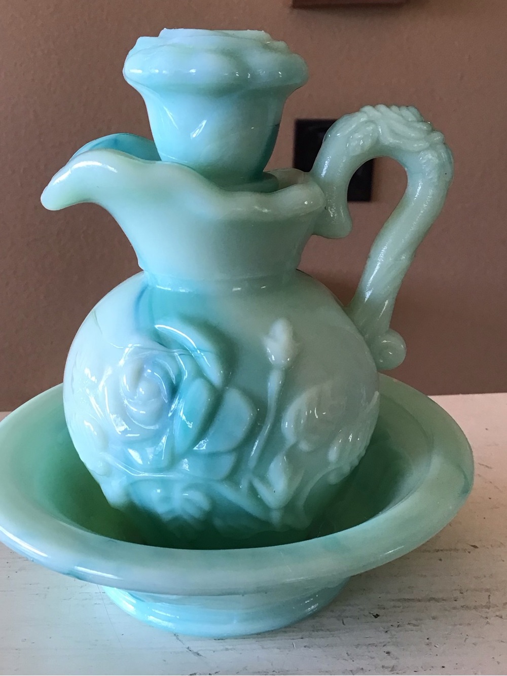 Vintage Avon Green Milk Glass Pitcher Dish Decor